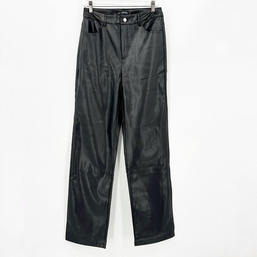 Finesse Womens Black Faux Leather Pants M Straight Wide Leg High Rise Edgy Biker